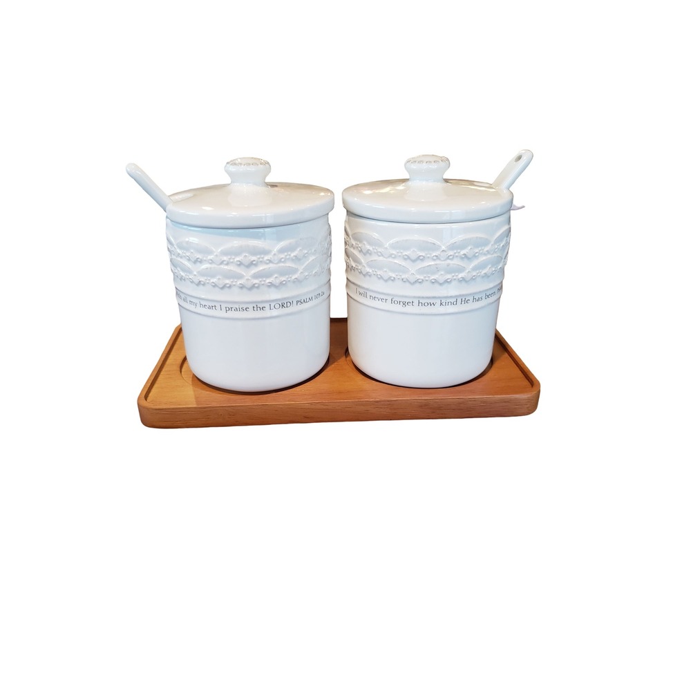 Mary & Martha G&G White Ceramic Condiment Jars Wood Tray Spoons Set J8293